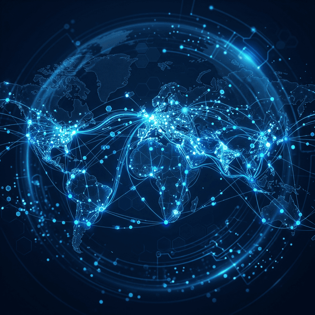 Ilustração de rede logística global conectada por inteligência artificial